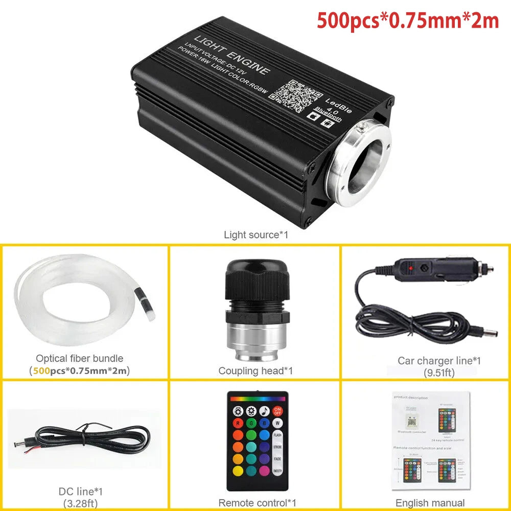 Car Home Use APP Control Fiber Optic Light Kit, 16W RGBW Music Mode Star Ceiling Sky Light with 500/1000 Strands 6.5ft/ 2m Optical Fiber Cable, and More Than 10 Million Colors