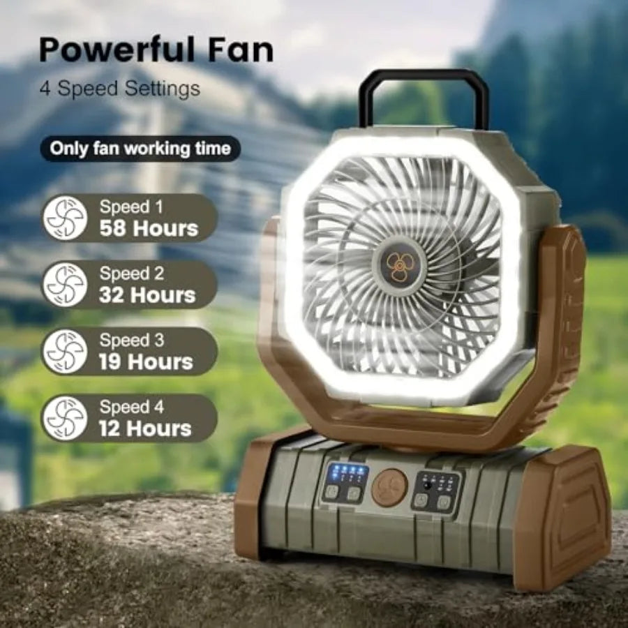 30000mAh Camping Fan with LED Lantern, Rechargeable Battery Operated Oscillating with Remote Hook, Portable Tent Fan with Timer