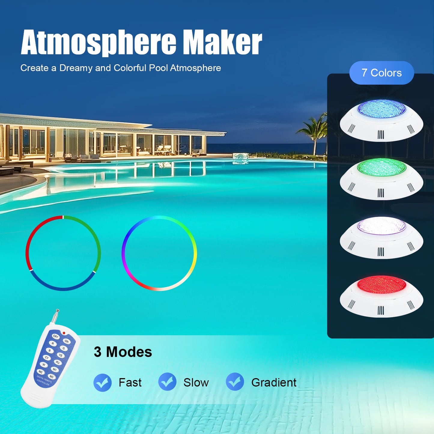 36W IP68 Waterproof 7-Color LED Swimming Pool Light With Remote Control