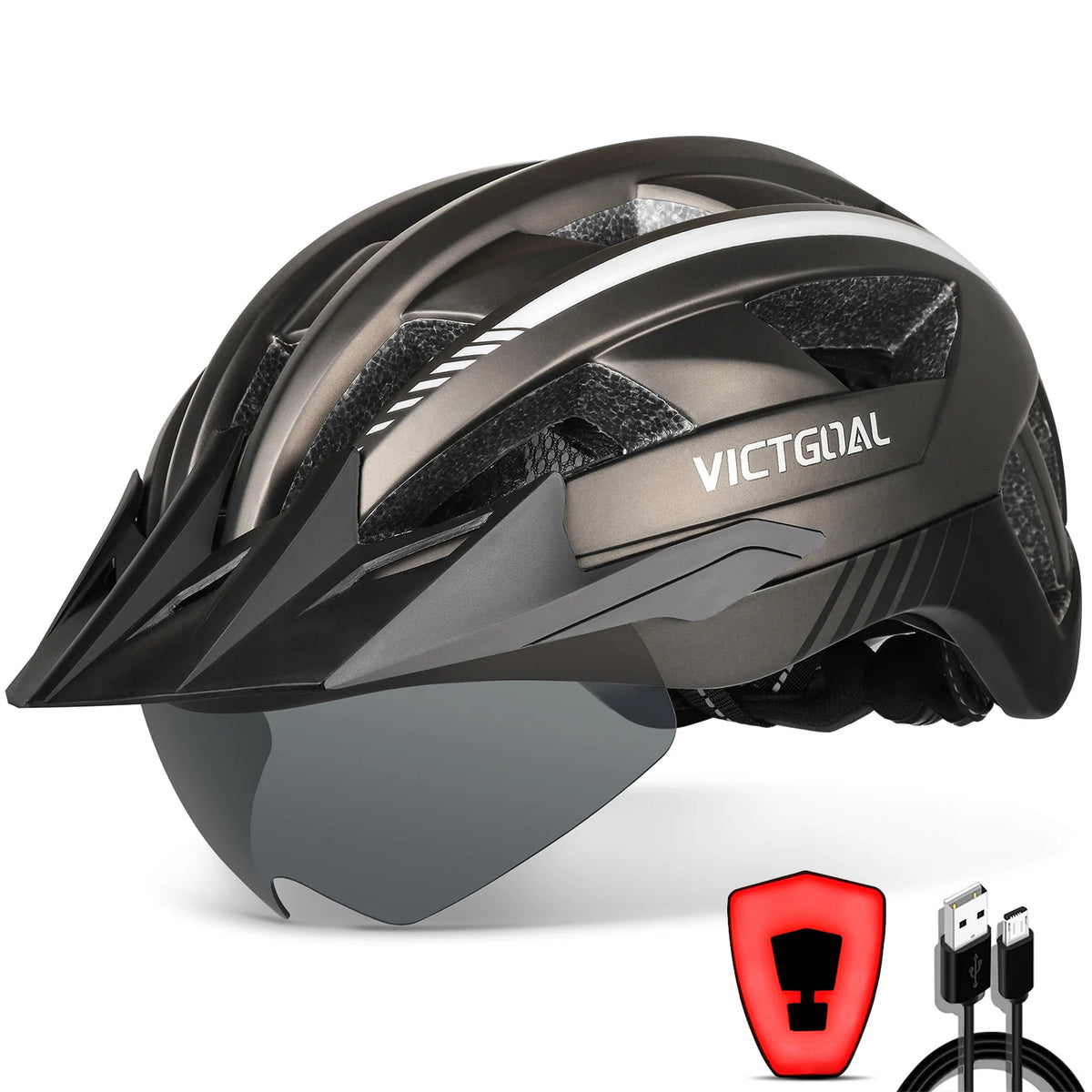 Victgoal Adult Bike Helmet With USB Light And Goggles