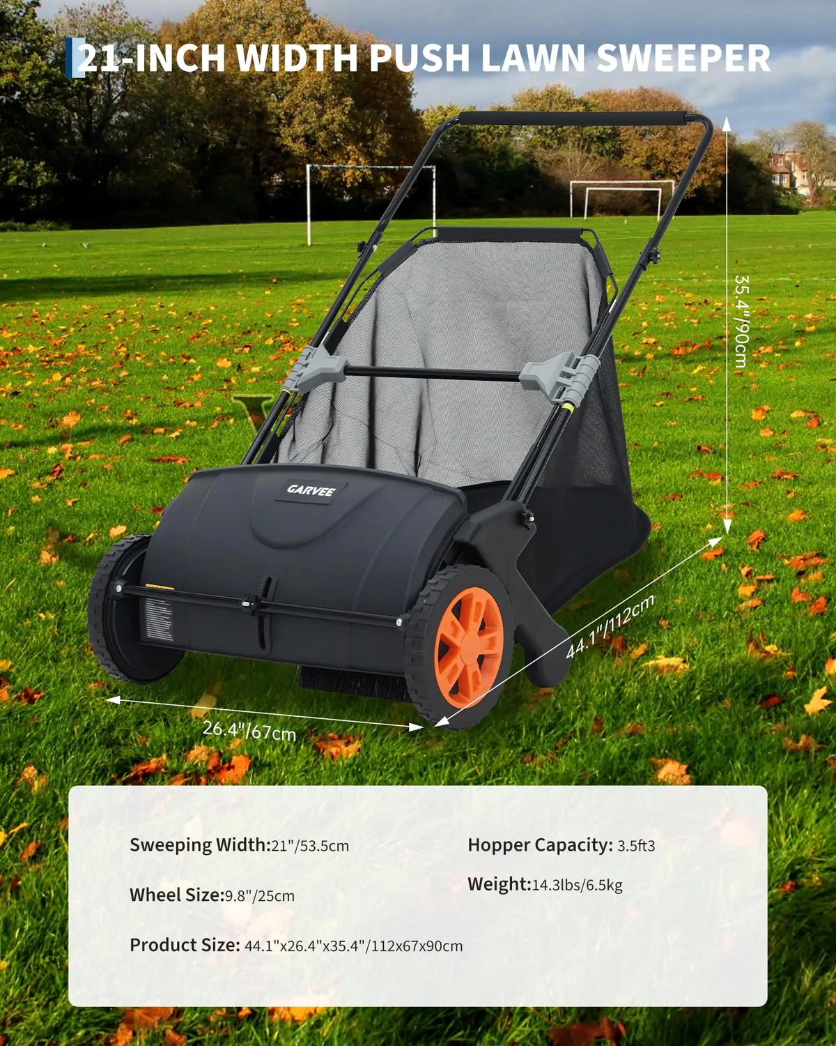 Manual Lawn Sweeper 21-Inch Push Leaf Sweeper With 4 Brushes, 3.5 Cu. Ft. Hopper, Height Adjustable For Yard, Patio, Driveway