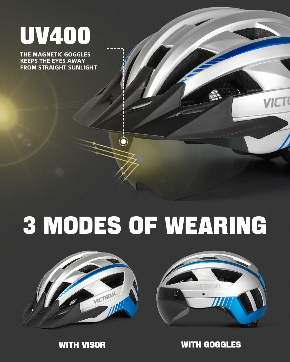 VICTGOAL Mountain Bike Helmet With Goggles And USB Light