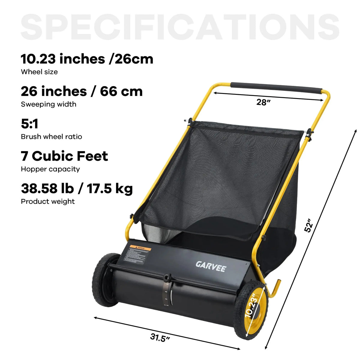 Push Lawn Sweeper 26in Leaf & Grass Collector, 7 Cu.Ft Hopper Bag With Cover, Adjustable Brush Height, Steel Yard Sweeper