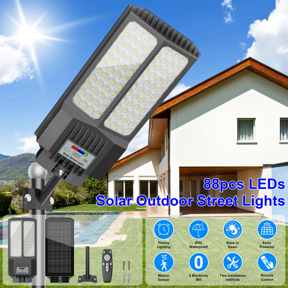 Solar Light Outdoor, Outdoor Solar Lamps, Solar Street Light, 5000W Super Bright Solar Light, Ip65 Waterproof Led Flood Light, 10000 Lumens, Dusk-To-Dawn Auto, Motion Sensor & Remote Control, Easy Install for Yard, Patio, Gar