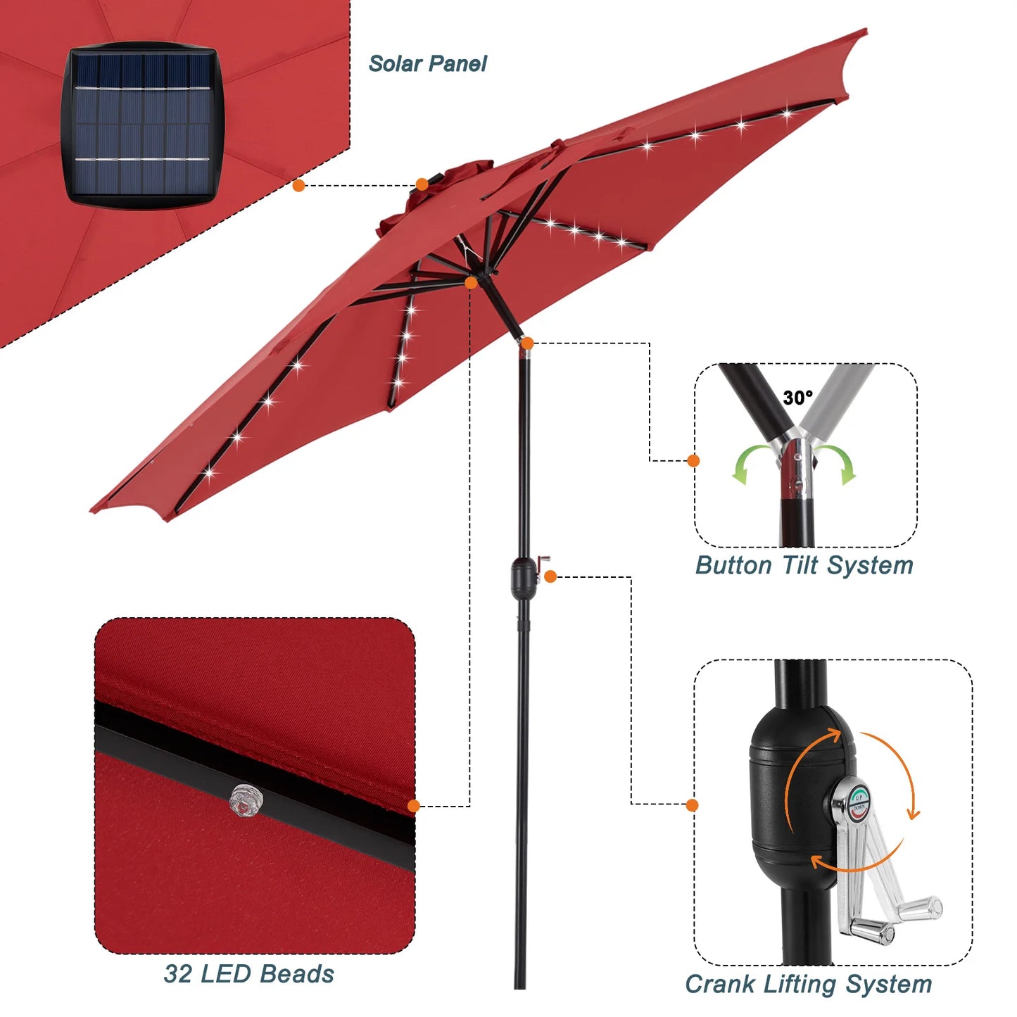 JHK 10Ft Solar Patio Umbrella With Led Lights And Tilt